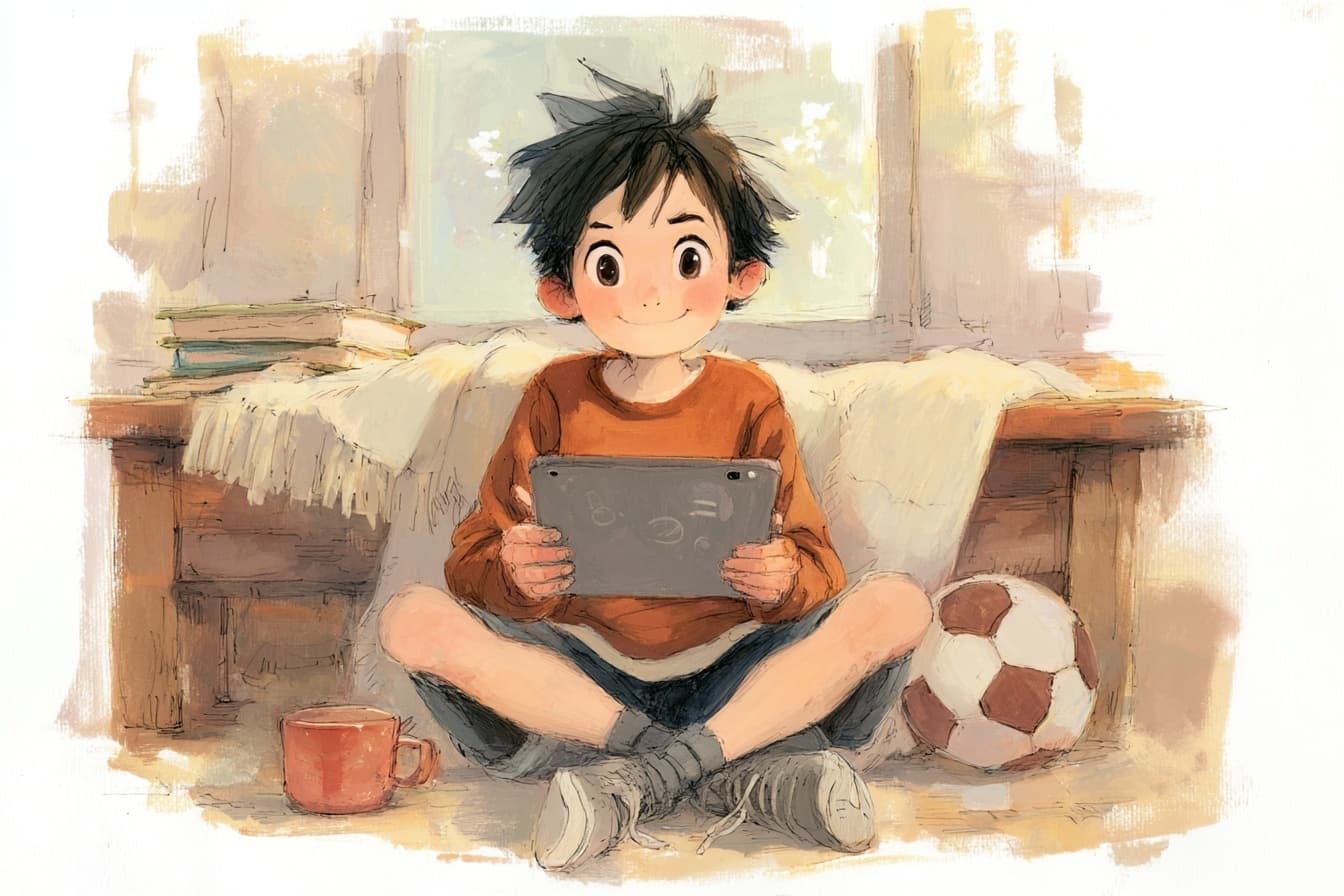 Ace sitzt mit einem Tablet auf einem Lesenest, Fussball daneben